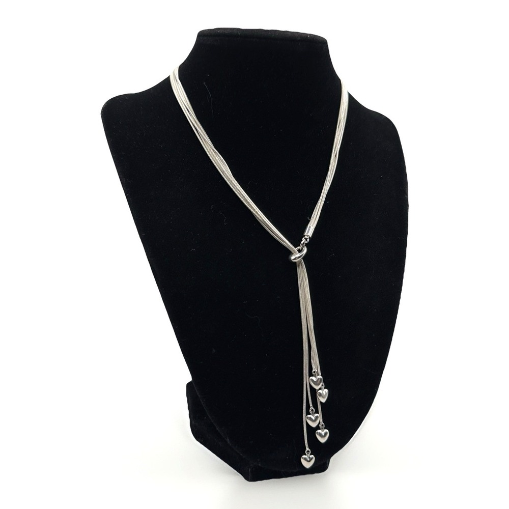 Silver Tone Lariat Necklace 5 Strand Snake Chain Heart Y Drop 16" Fashion